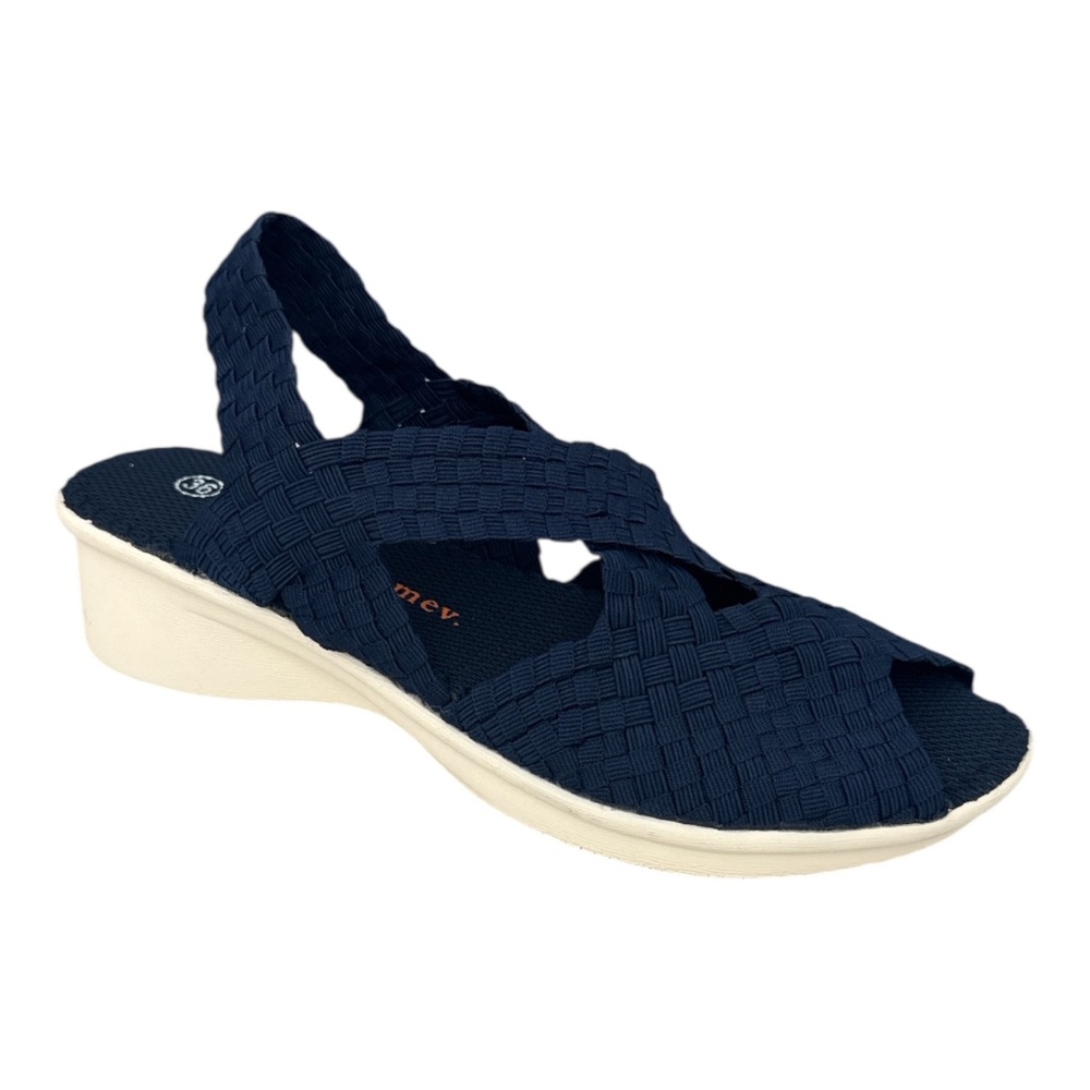 Bernie Mev Kira Women's Navy Criss Cross Low Heel Sandals – Comfort Stretch NWB